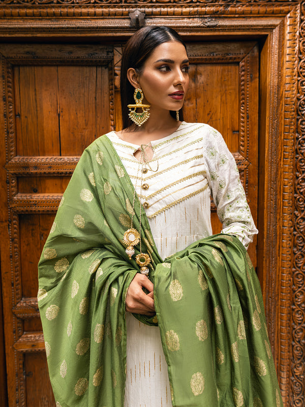 3Pc Embroidered Suit Pret Jacquard Cream - OWE3P-2303007