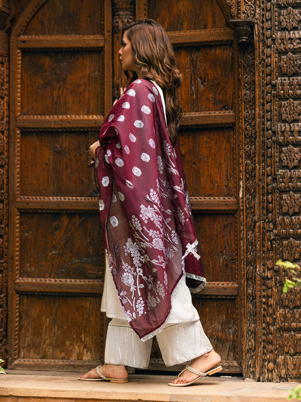 3Pc Embroidered Suit Pret Jacquard Cream - OWE3P-2303008