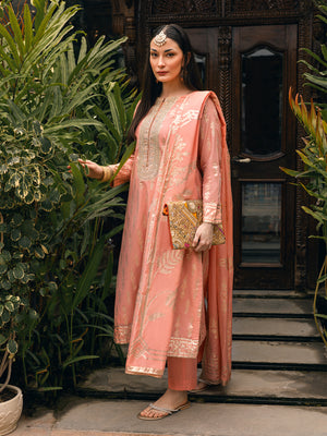 3Pc Embroidered Suit Pret Jacquard Orange - OWE3P-2303025
