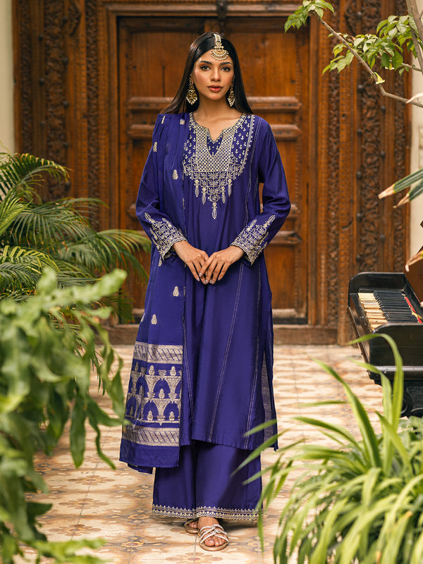 3Pc Embroidered Suit Pret Yarn Dyed Dark Purple - OWE3P-2303026