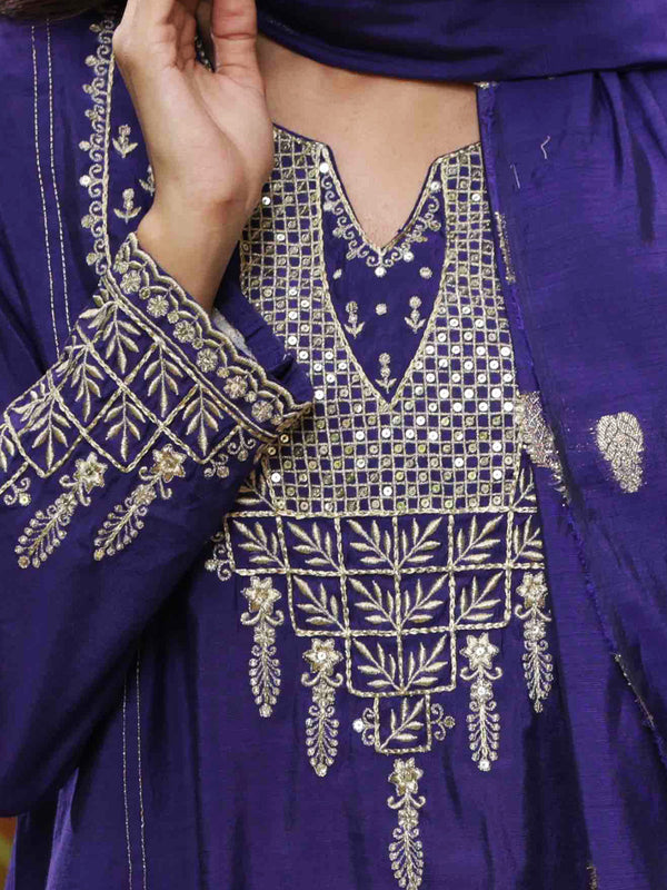 3Pc Embroidered Suit Pret Yarn Dyed Dark Purple - OWE3P-2303026