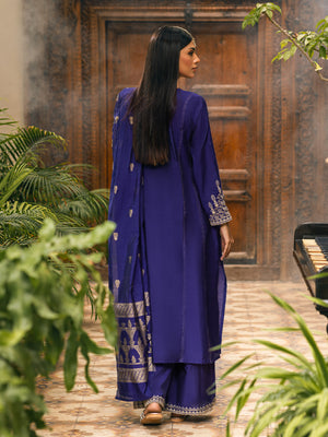 3Pc Embroidered Suit Pret Yarn Dyed Dark Purple - OWE3P-2303026