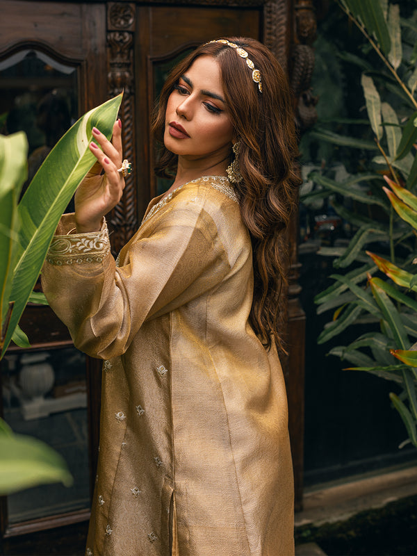2Pc Embroidered Pret Shirt Dupatta Zari Golden - OWE2P-2303027