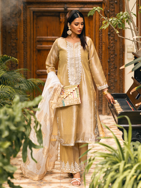 2Pc Embroidered Pret Shirt Dupatta Zari Golden - OWE2P-2303028