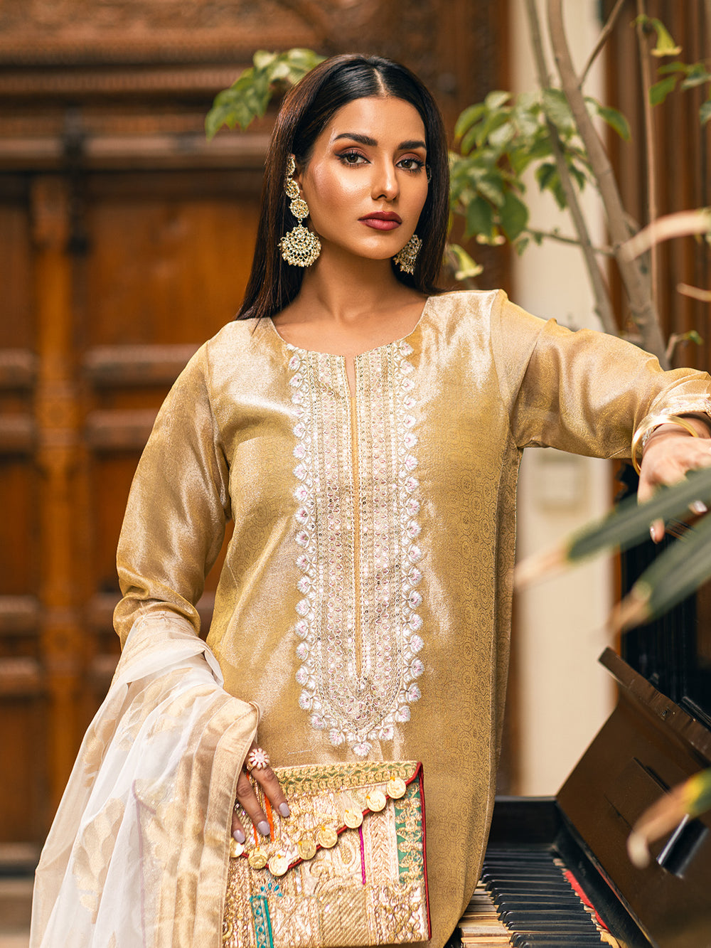 2Pc Embroidered Pret Shirt Dupatta Zari Golden - OWE2P-2303028