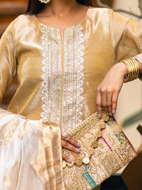 2Pc Embroidered Pret Shirt Dupatta Zari Golden - OWE2P-2303028