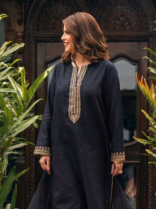 3Pc Embroidered Suit Pret Dobby Black - OWE3P-2303030