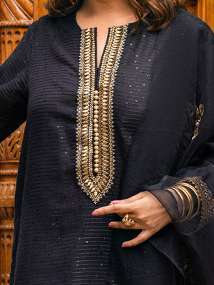 3Pc Embroidered Suit Pret Dobby Black - OWE3P-2303030