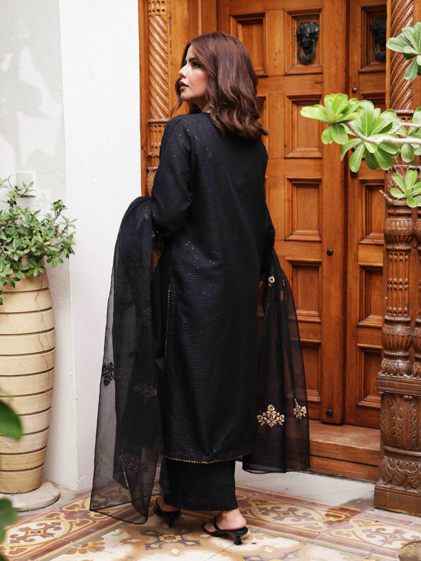 3Pc Embroidered Suit Pret Dobby Black - OWE3P-2303030