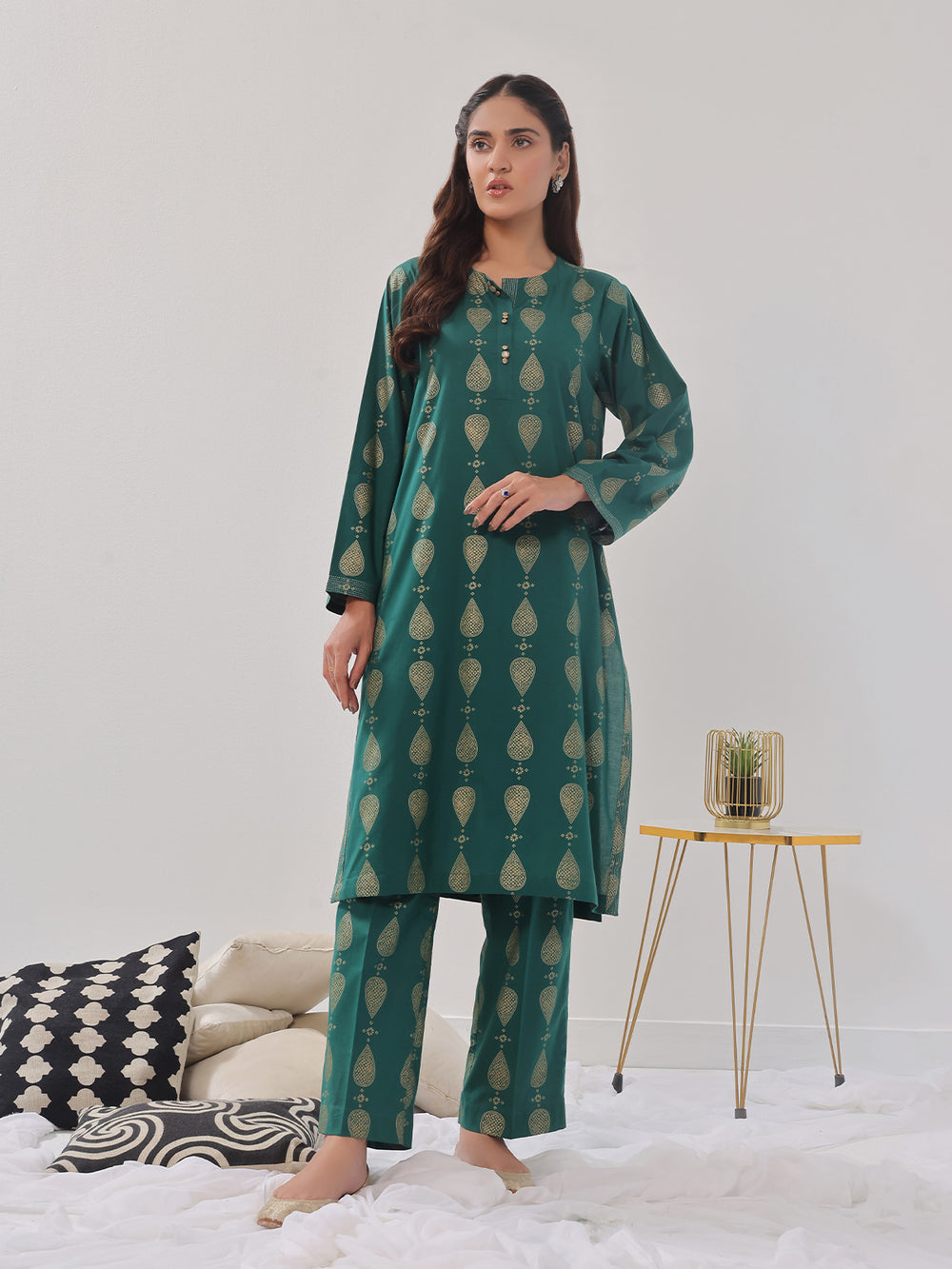 2Pc Printed Pret Shirt Trouser Cambric Green - OW2P-2408012