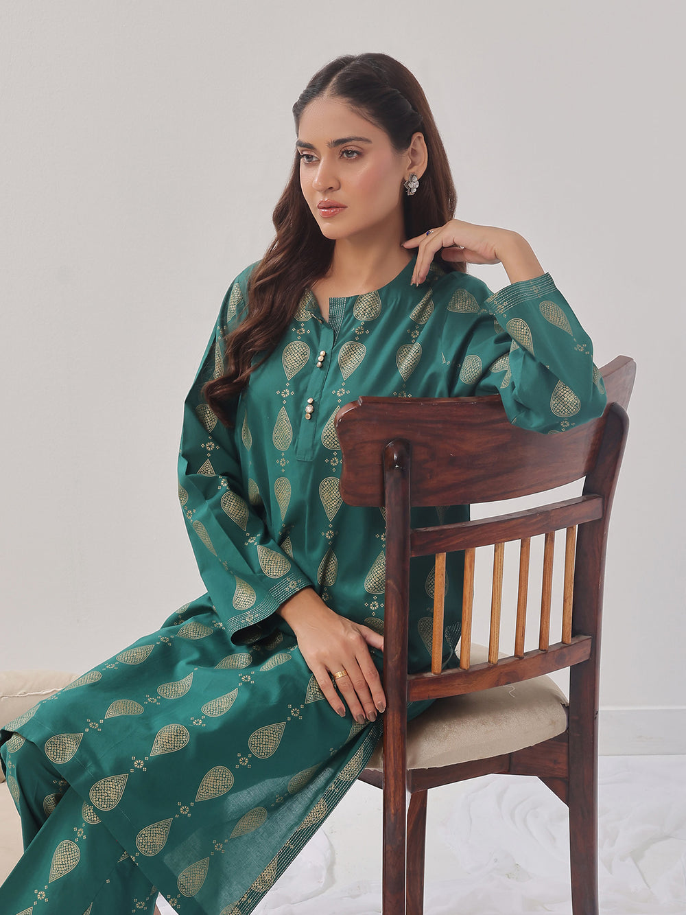 2Pc Printed Pret Shirt Trouser Cambric Green - OW2P-2408012