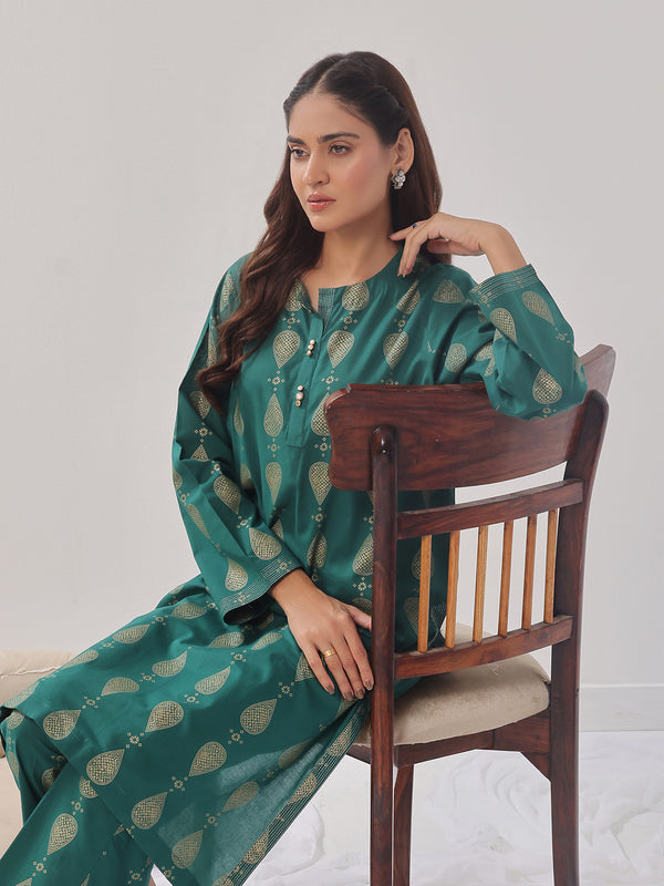 2Pc Printed Pret Shirt Trouser Cambric Green - OW2P-2408012