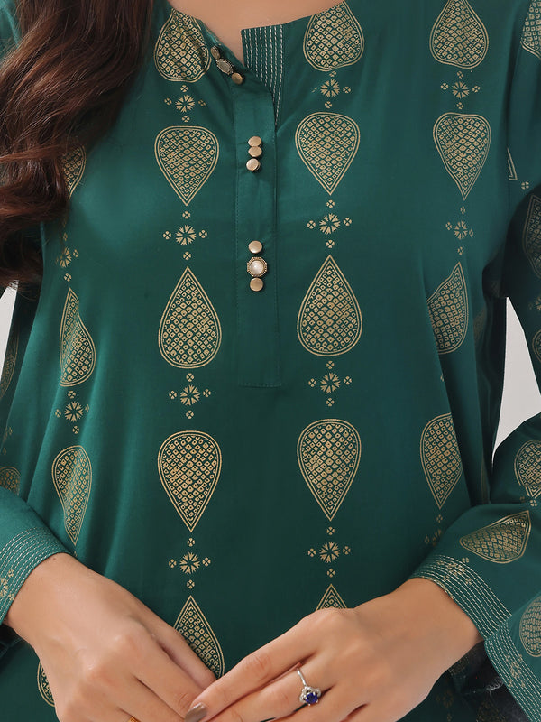 2Pc Printed Pret Shirt Trouser Cambric Green - OW2P-2408012