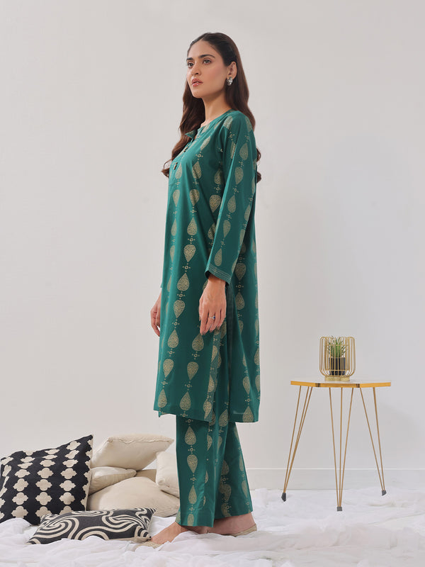 2Pc Printed Pret Shirt Trouser Cambric Green - OW2P-2408012