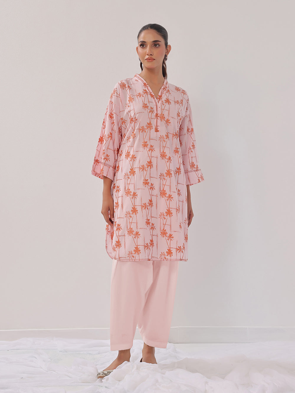 2Pc Printed Pret Shirt Trouser Cambric Pink - OW2P-2408013