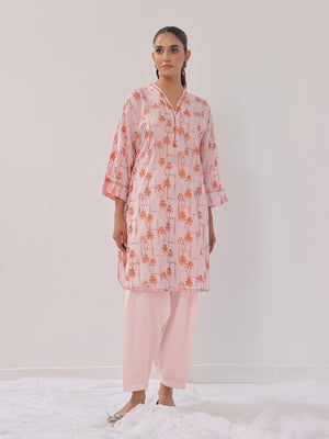 2Pc Printed Pret Shirt Trouser Cambric Pink - OW2P-2408013