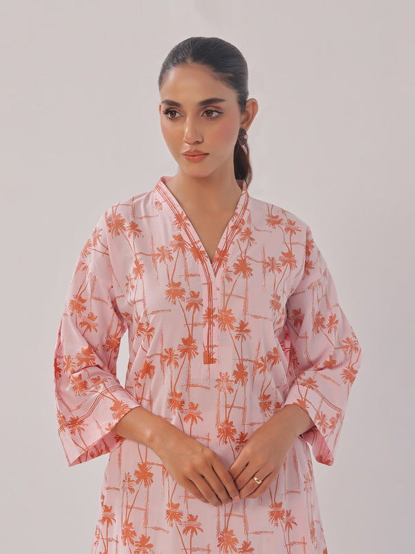 2Pc Printed Pret Shirt Trouser Cambric Pink - OW2P-2408013