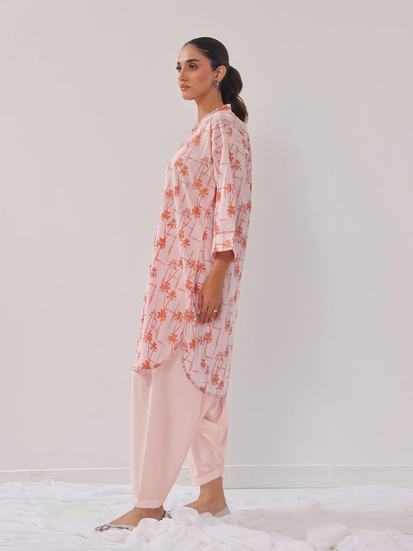 2Pc Printed Pret Shirt Trouser Cambric Pink - OW2P-2408013