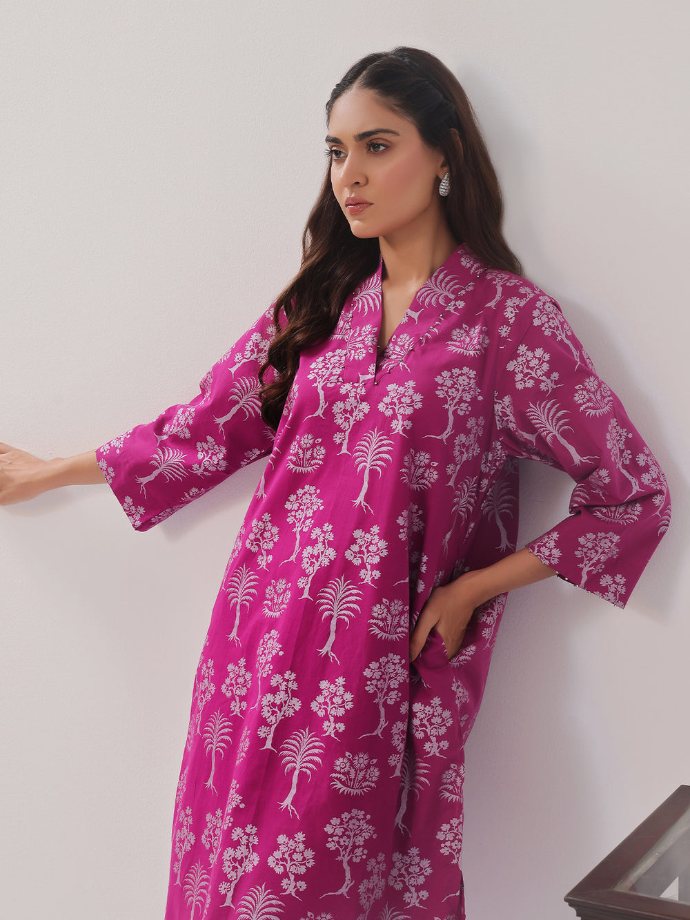 2Pc Printed Pret Shirt Trouser Cambric Magenta - OW2P-2408014