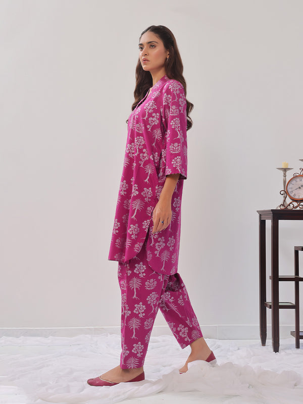 2Pc Printed Pret Shirt Trouser Cambric Magenta - OW2P-2408014