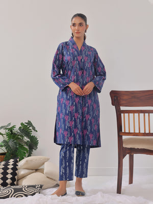 2Pc Printed Pret Shirt Trouser Cambric Navy Blue - OW2P-2408016