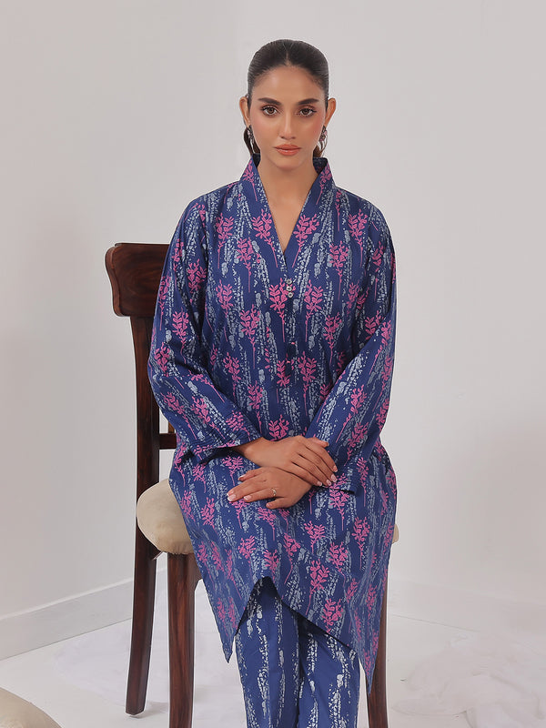 2Pc Printed Pret Shirt Trouser Cambric Navy Blue - OW2P-2408016