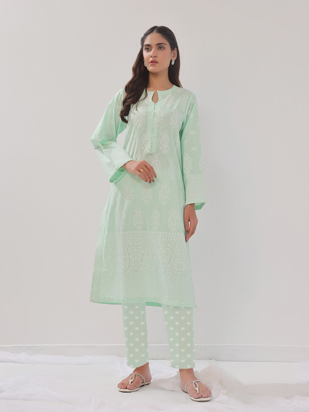 2Pc Printed Pret Shirt Trouser Cambric Light Green - OW2P-2408018