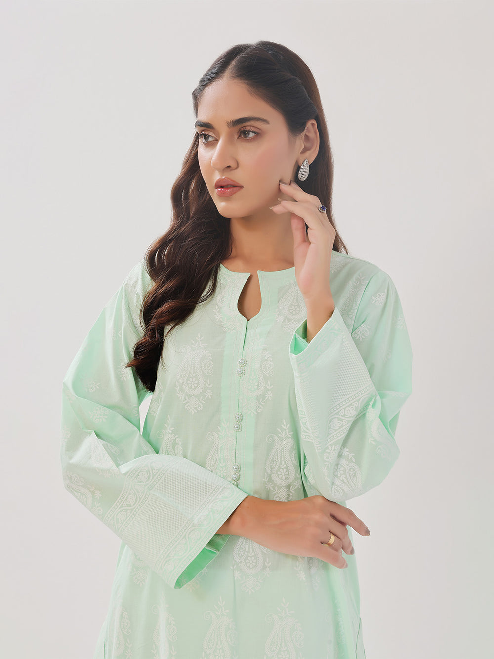 2Pc Printed Pret Shirt Trouser Cambric Light Green - OW2P-2408018