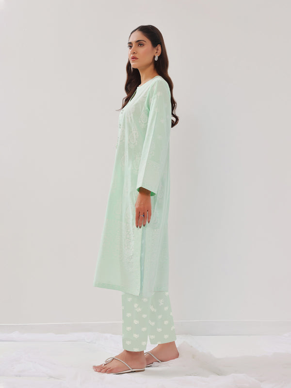2Pc Printed Pret Shirt Trouser Cambric Light Green - OW2P-2408018