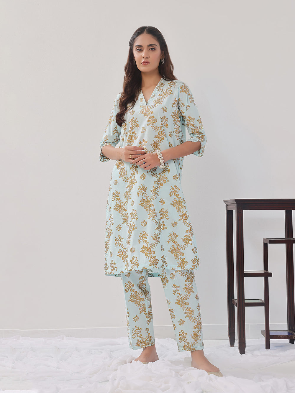 2Pc Printed Pret Shirt Trouser Cambric Light Ferozi - OW2P-2408019