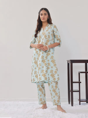 2Pc Printed Pret Shirt Trouser Cambric Light Ferozi - OW2P-2408019