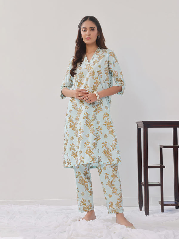 2Pc Printed Pret Shirt Trouser Cambric Light Ferozi - OW2P-2408019