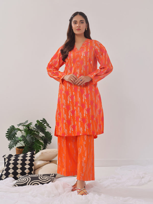 2Pc Printed Pret Shirt Trouser Cambric Orange - OW2P-2408021