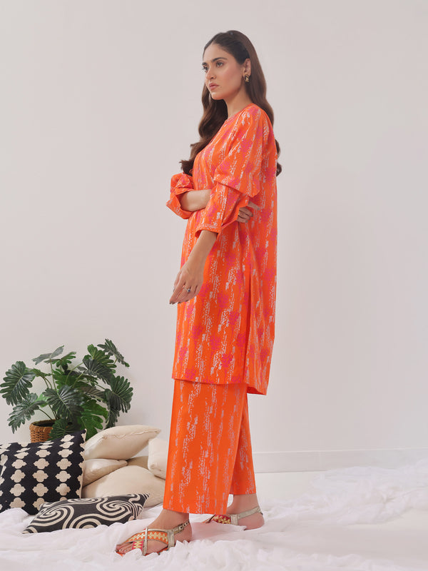 2Pc Printed Pret Shirt Trouser Cambric Orange - OW2P-2408021