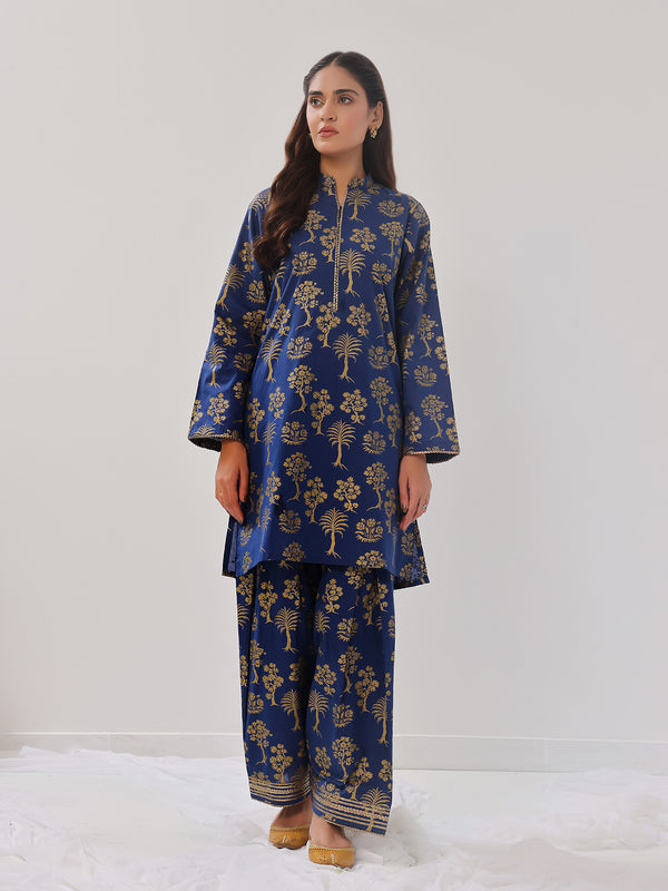 2Pc Printed Pret Shirt Trouser Cambric Dark Blue - OW2P-2408022