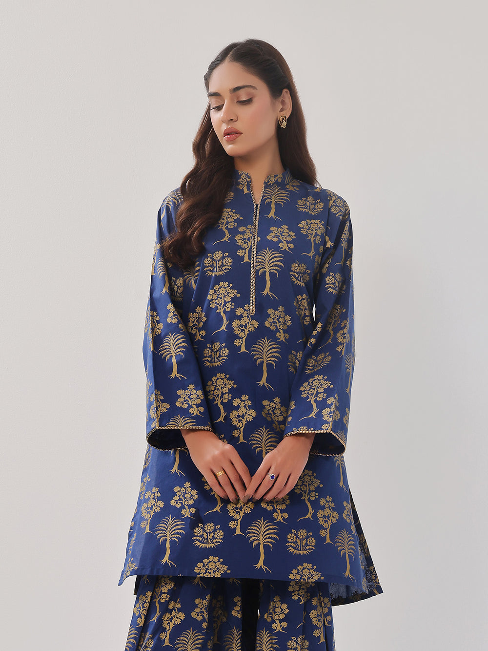 2Pc Printed Pret Shirt Trouser Cambric Dark Blue - OW2P-2408022