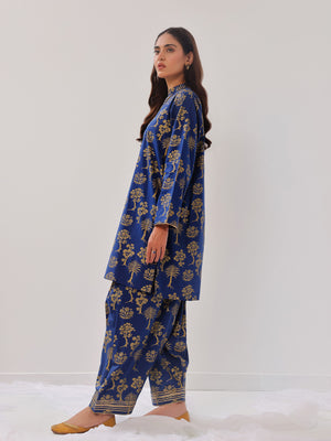 2Pc Printed Pret Shirt Trouser Cambric Dark Blue - OW2P-2408022