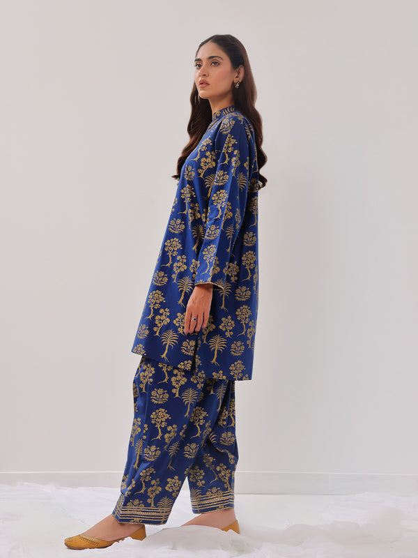 2Pc Printed Pret Shirt Trouser Cambric Dark Blue - OW2P-2408022