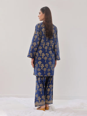 2Pc Printed Pret Shirt Trouser Cambric Dark Blue - OW2P-2408022