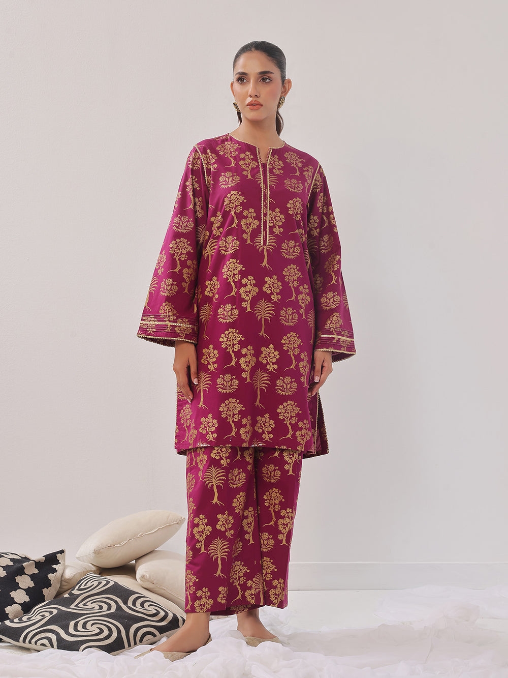 2Pc Printed Pret Shirt Trouser Cambric Magenta - OW2P-2408023