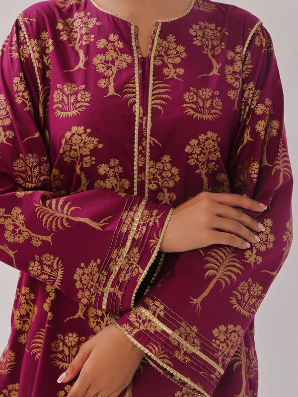 2Pc Printed Pret Shirt Trouser Cambric Magenta - OW2P-2408023