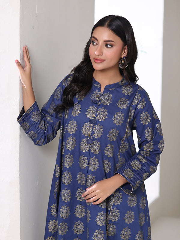 2Pc Screen Print Pret Shirt Trouser cambric Blue Gold- OW2P-2508002