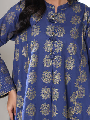 2Pc Screen Print Pret Shirt Trouser cambric Blue Gold- OW2P-2508002