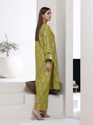 2Pc Screen Print Pret Shirt Trouser cambric Green Silver - OW2P-2508004