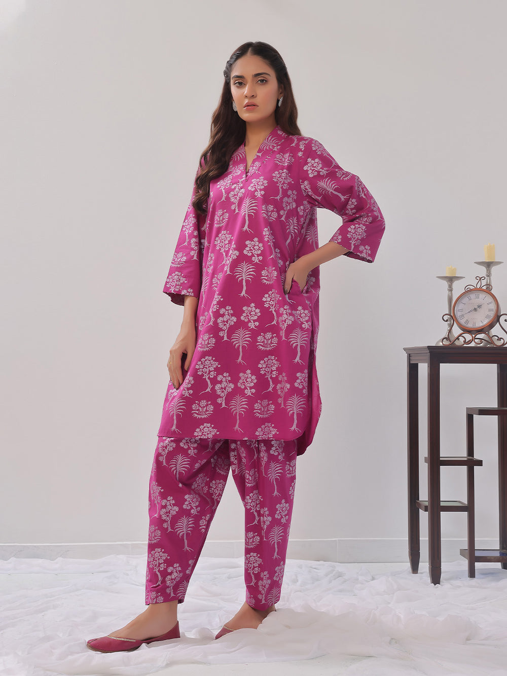 2Pc Printed Pret Shirt Trouser Cambric Magenta - OW2P-2408014