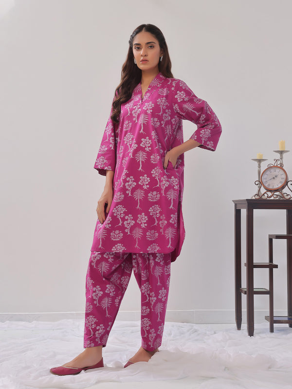 2Pc Printed Pret Shirt Trouser Cambric Magenta - OW2P-2408014