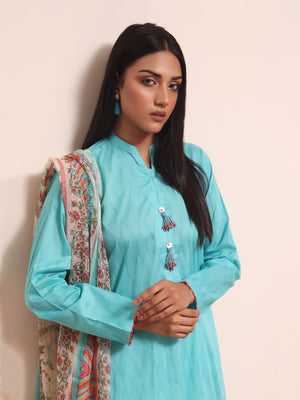 2Pc Printed Pret Shirt Dupatta Jacquard Ferozi - OW2PG-2309013