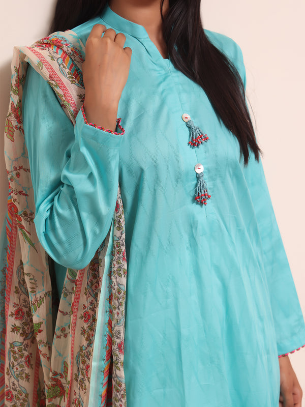 2Pc Printed Pret Shirt Dupatta Jacquard Ferozi - OW2PG-2309013