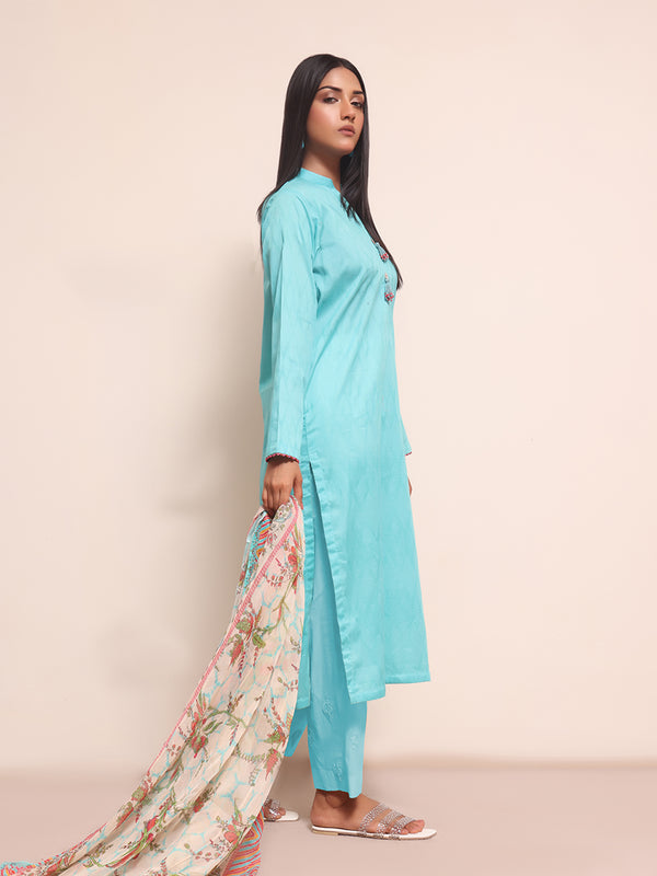 2Pc Printed Pret Shirt Dupatta Jacquard Ferozi - OW2PG-2309013