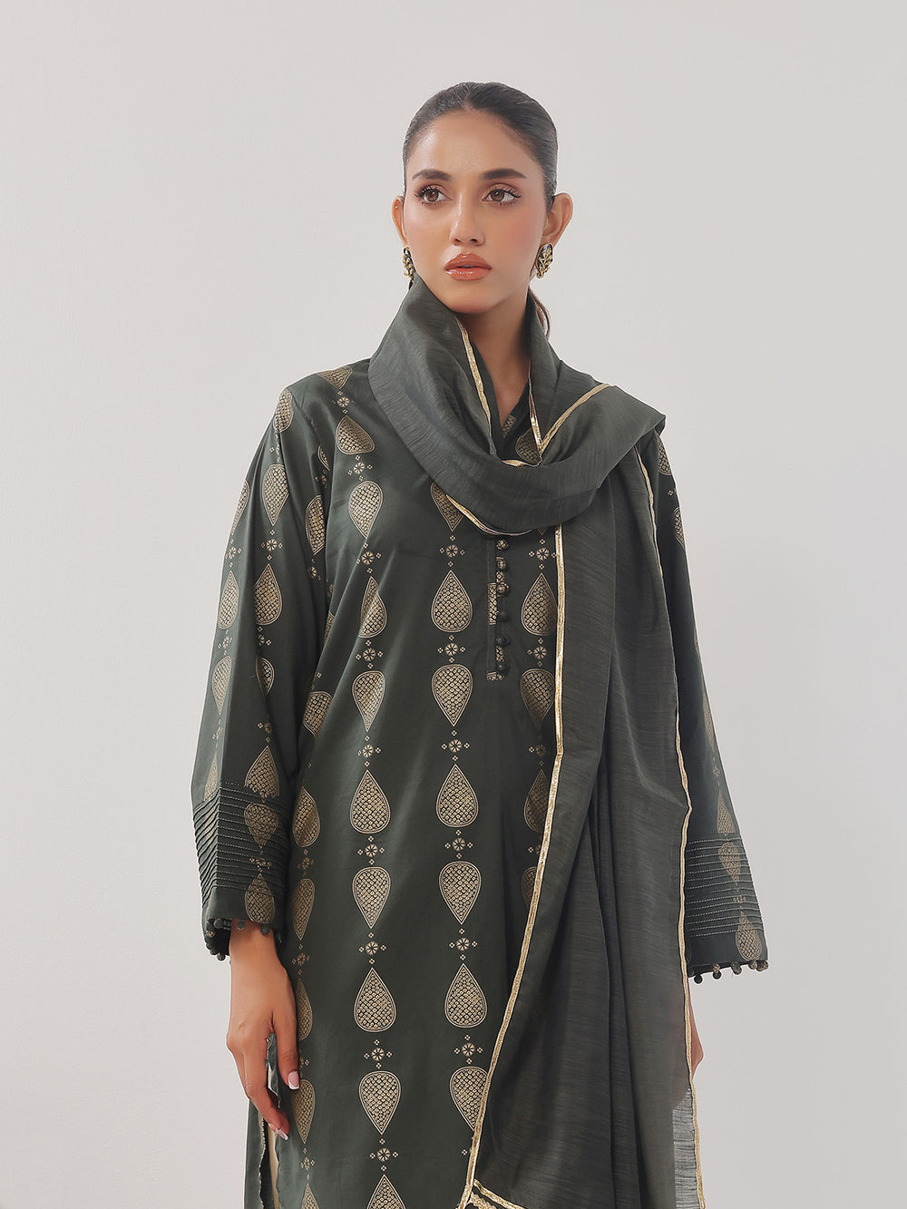 3Pc Printed Suit Pret Cambric Olive Green - OW3P-2408017